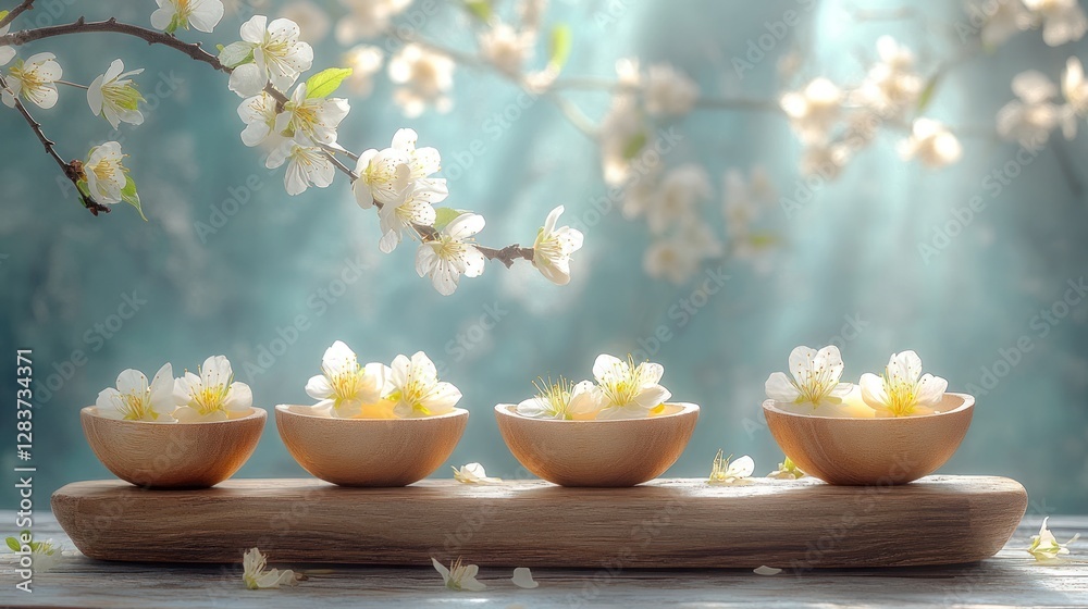Spring blossoms in wooden bowls, tranquil scene Spring blossoms in wooden bowls, tranquil scene