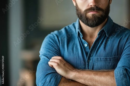 Serious Bearded Businessman with Crossed Arms, Conveying Distrust Against a Subtle Barber Background