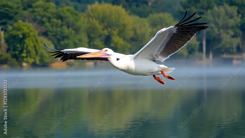 Obraz premium Majestic American White Pelican Gliding Across a Serene Lake