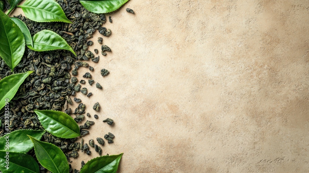 A composition of green tea leaves and dried tea leaves on a textured surface. A composition of green tea leaves and dried tea leaves on a textured surface.