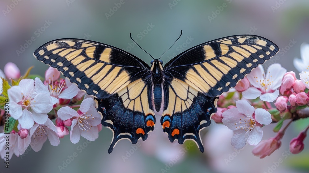 Fototapeta premium Spring Butterfly on Blossoming Cherry Tree