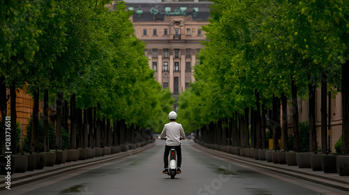 Wallpaper Mural man riding electric scooter on tree lined city street, surrounded by greenery Torontodigital.ca