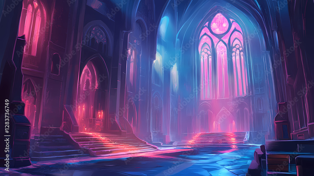 An ancient, magical library with glowing books. Dark Gothic Cathedral Interior. Illustration An ancient, magical library with glowing books. Dark Gothic Cathedral Interior. Illustration