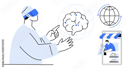 Person wearing VR headset interacting with digital brain, virtual globe, and smartphone showing online shopping. Ideal for technology, virtual reality, neuroscience, e-commerce, innovation, digital