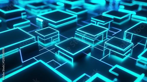 Futuristic digital circuit board with glowing blue lines and geometric shapes, representing technology and innovation. intricate design evokes sense of advanced computing