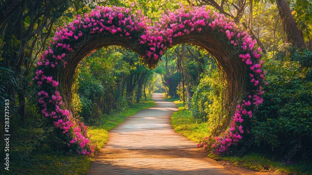 Fototapeta premium Heart-Shaped Floral Archway in Serene Park Pathway