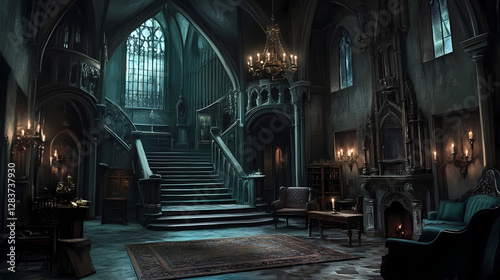 Dark academia interiors feature gothic architecture, antique furniture, and rich colors. Dark Gothic Cathedral Interior. Illustration