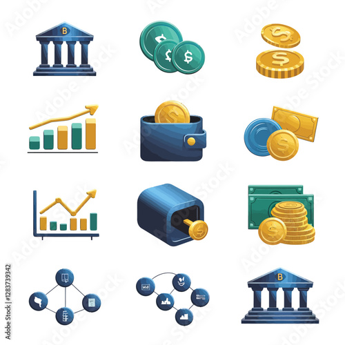 vector colorful economy trading graph cash money linked with curved dash line over the world bank
