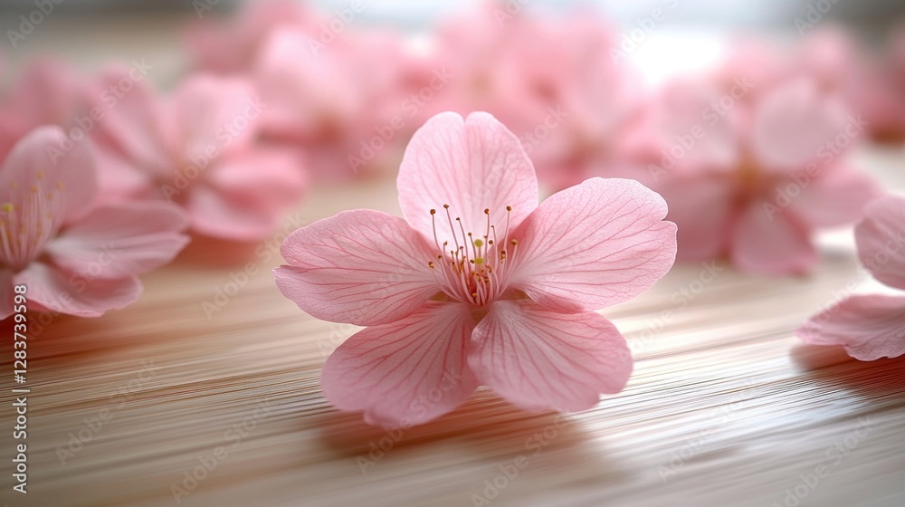 Fototapeta premium Delicate pink cherry blossoms on light wood