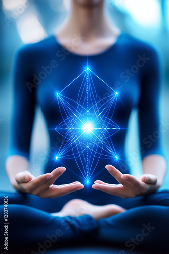 Woman manifesting mystical glowing spiritual energy through meditation