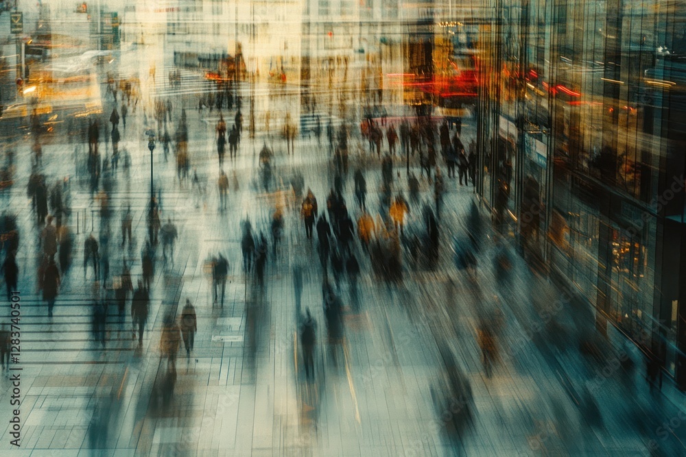 Fototapeta premium Busy city street with blurred pedestrians in motion
