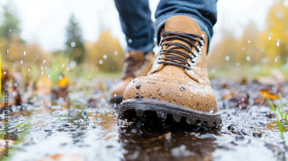 Man walking in autumn park, splashing puddle Man walking in autumn park, splashing puddle
