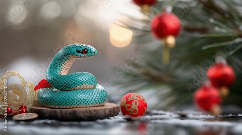 Blue snake is sitting on a wooden platform