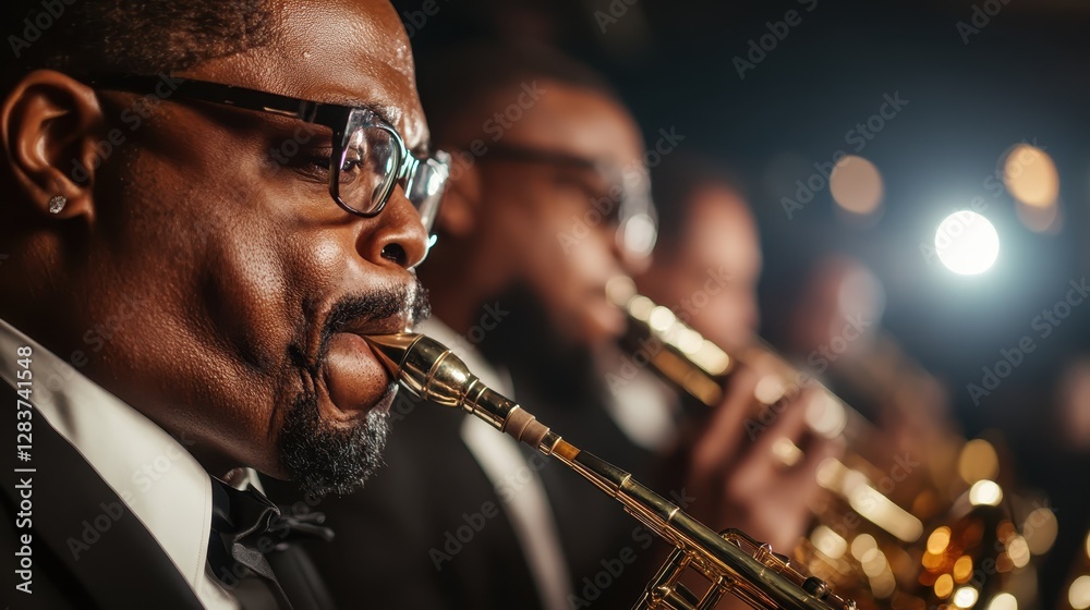 Obraz premium Focusing intensely, a saxophonist pours his heart into his music, creating a powerful performance that resonates deeply with the audience amidst a vibrant atmosphere.