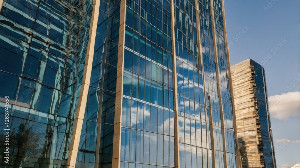 Fototapeta premium Modern Architecture Blue Glass Skyscrapers Reflecting Sky in Sunny Urban Landscape