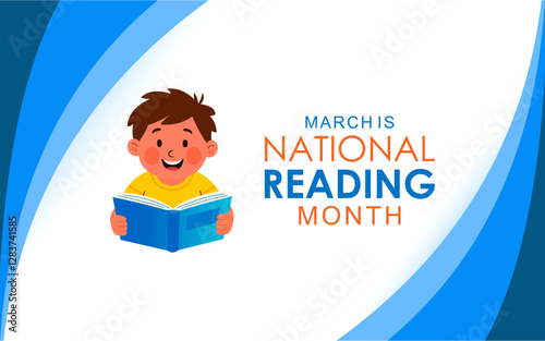 March Is National Reading Month vector. Happy smiling child boy with book cartoon character. Best for banners foster, care and social media posts.