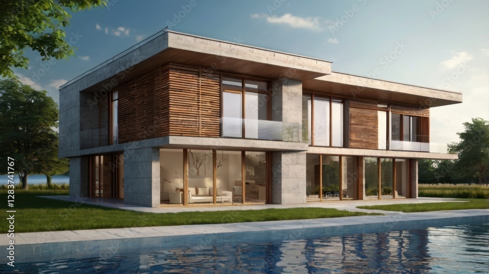 Fototapeta premium Modern Concrete House with Swimming Pool Reflecting Sky and Trees in Residential Exterior with Geometric Facade and Wood Details on a Sunny Summer Day