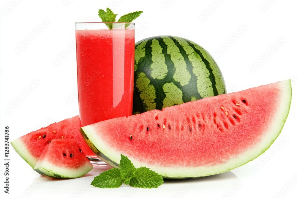 Refreshing Watermelon Smoothie in a Clear Glass with Mint Leaf and Juicy Fruit Slice on a Bright White Background