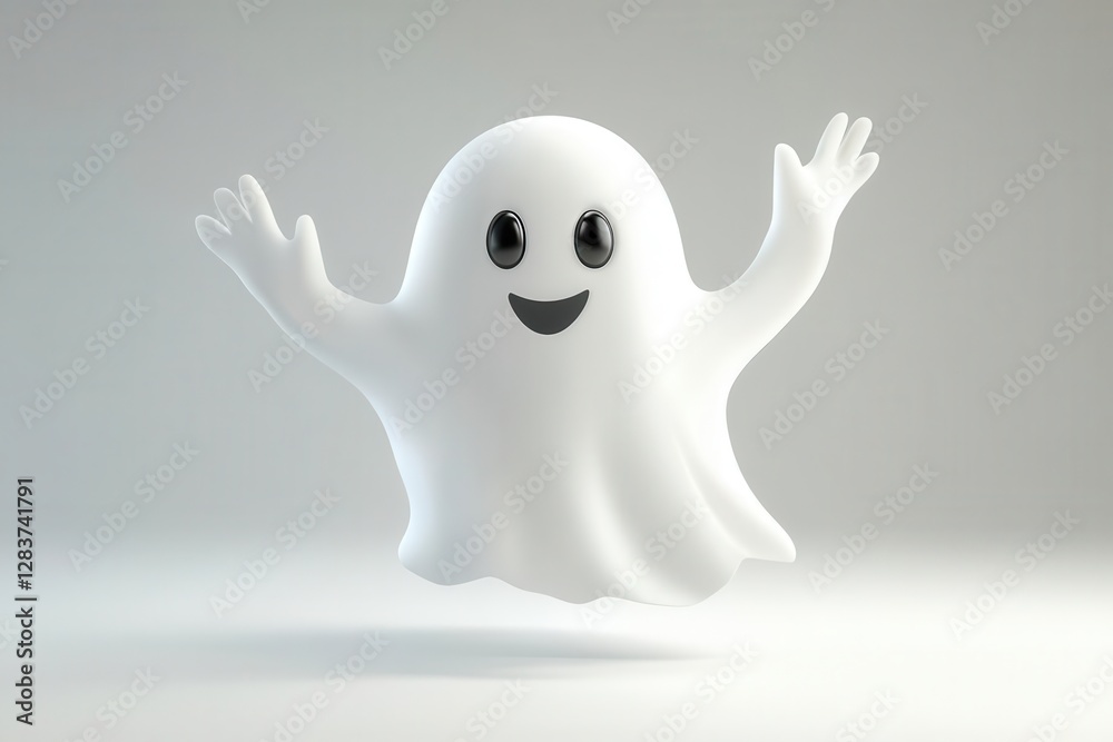 cheerful 3d ghost floating in midair puffy white form raised arms glowing softly pure white void playful spirit cheerful 3d ghost floating in midair puffy white form raised arms glowing softly pure white void playful spirit