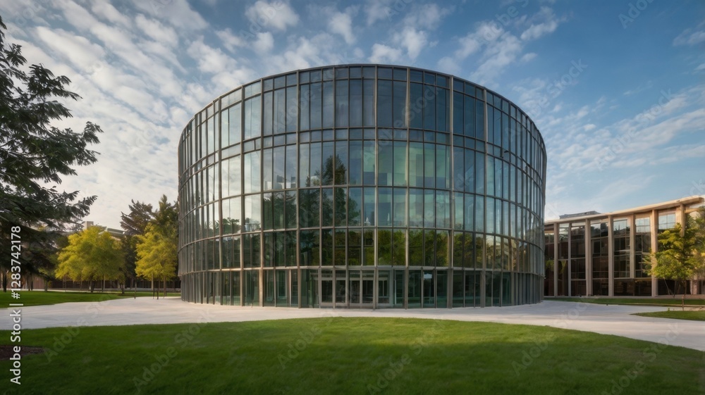 Modern Round Glass University Building with Trees and Blue Sky in Daylight Featuring Contemporary Architecture and Landscaped Grounds Modern Round Glass University Building with Trees and Blue Sky in Daylight Featuring Contemporary Architecture and Landscaped Grounds