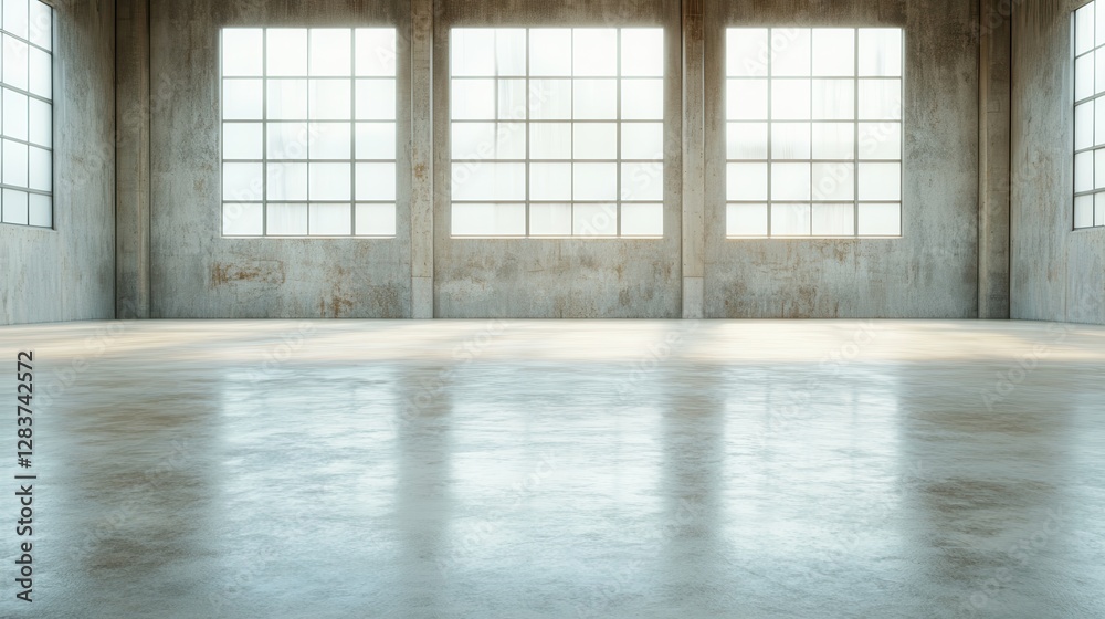 Fototapeta premium An expansive, aged industrial interior with large, vintage windows showcases the rugged beauty of decay, capturing a sense of nostalgia and potential for creative transformation.