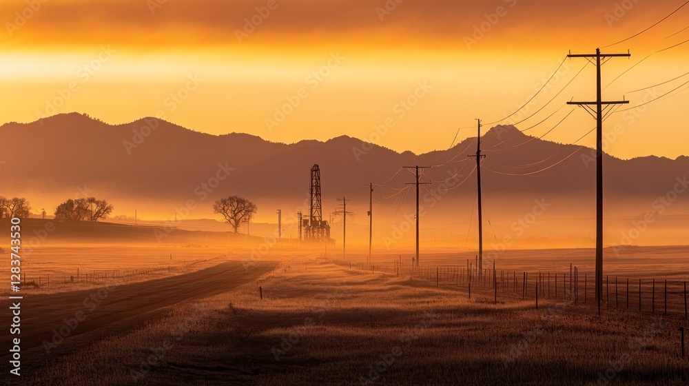 Golden Hour in the Prairie: A Sunrise Landscape with Oil Derrick and Power Lines Golden Hour in the Prairie: A Sunrise Landscape with Oil Derrick and Power Lines
