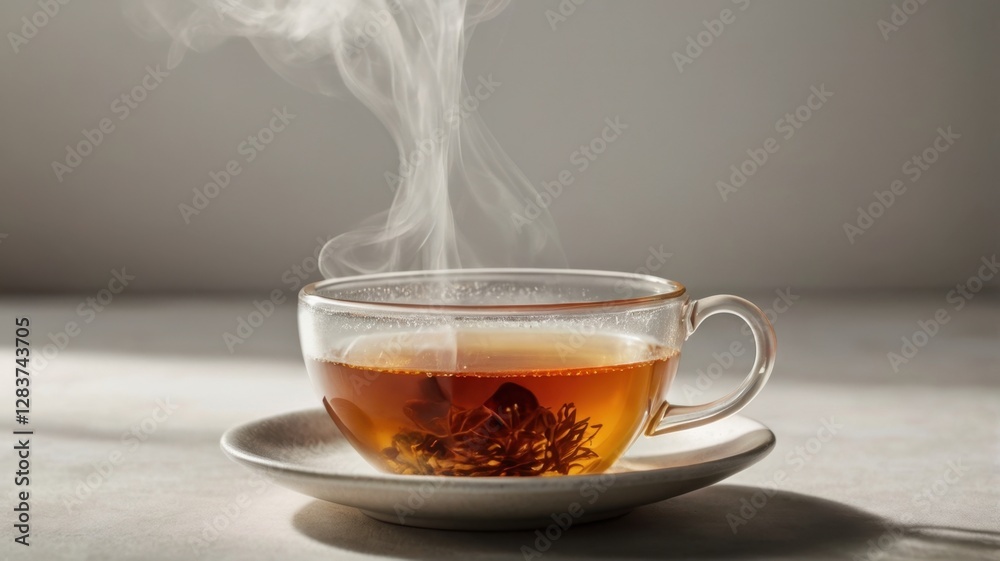 Steaming Cup of Tea in a Clear Glass Cup on a White Saucer with Plumes of Steam Rising Up on Neutral Background Steaming Cup of Tea in a Clear Glass Cup on a White Saucer with Plumes of Steam Rising Up on Neutral Background
