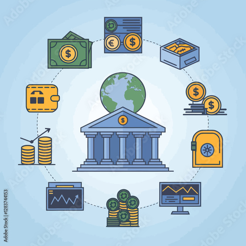 vector colorful economy trading graph cash money linked with curved dash line over the world bank