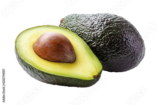 Whole one and half cut sliced green avocado isolated on transparent PNG background.