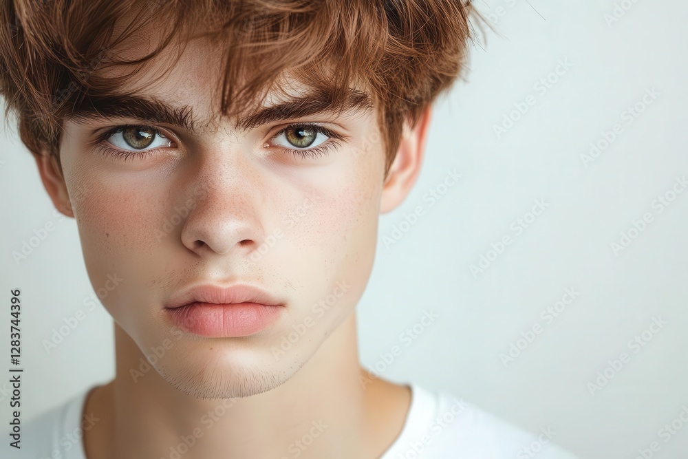 chiseled jawline of a young man framed by tousled chestnut hair piercing hazel eyes glinting under studio lighting crisp white backdrop amplifying his confident gaze chiseled jawline of a young man framed by tousled chestnut hair piercing hazel eyes glinting under studio lighting crisp white backdrop amplifying his confident gaze