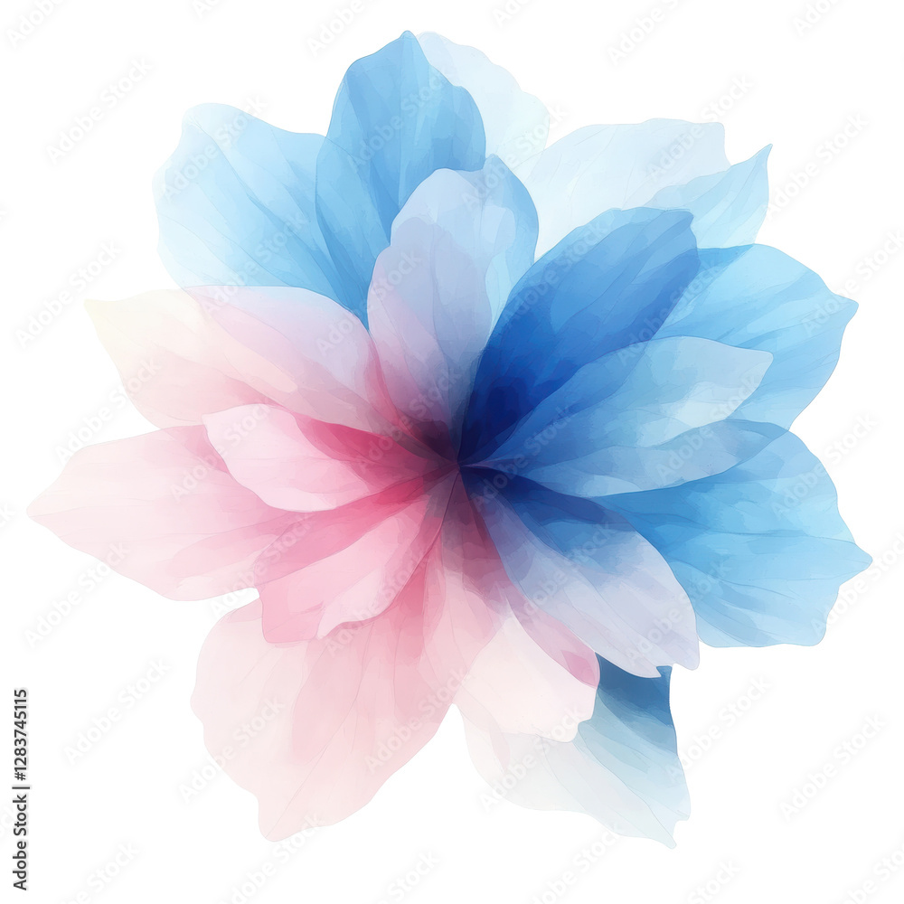Obraz premium Abstract flower with blue and pink petals blending softly in watercolor style, featuring delicate texture and smooth gradients for elegant artistic design. Isolated on transparent background, png.