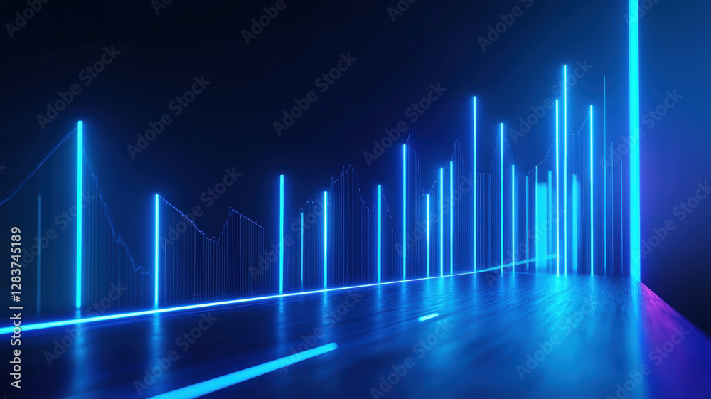 Futuristic glowing financial stock market chart with neon lines and bars in dark digital space Futuristic glowing financial stock market chart with neon lines and bars in dark digital space