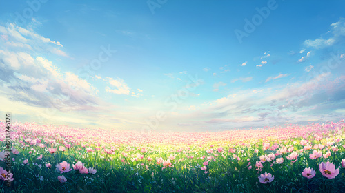Romantic Floral Field with Bright Cosmos in Springtime, Blooming Wildflower Meadow Creating a Dreamy Atmosphere