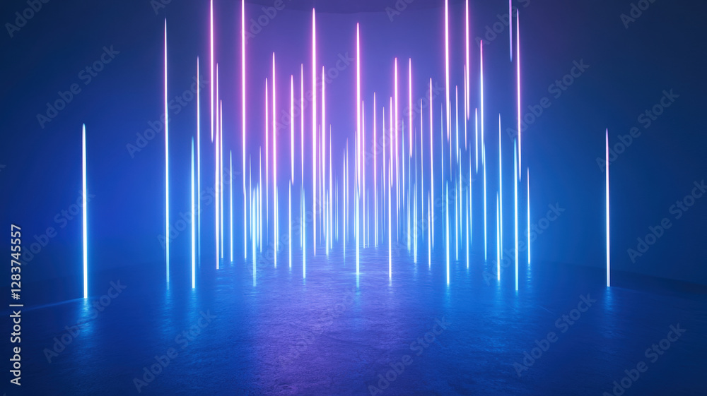 Abstract Neon Light Installation with Vertical Blue and Pink Glowing Lines Reflection