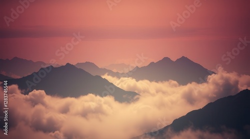 A breathtaking vista reveals layers of mountains emerging from a sea of clouds at dusk.
