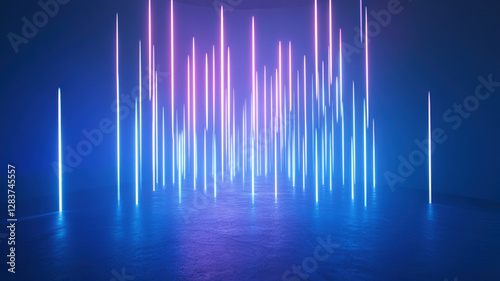 Obraz na płótnie Abstract Neon Light Installation with Vertical Blue and Pink Glowing Lines Reflection w salonie