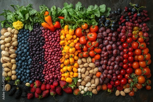 Fototapeta Naklejka Na Ścianę i Meble -  Rainbow of healthy fruits vegetables and nuts arranged beautifully