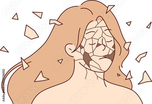 Problems of psychological disintegration in woman, with face falling apart into fragments due to severe stress. Girl suffers from psychological collapse and needs help of psychotherapist