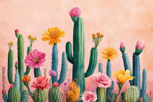 Fototapeta Naklejka Na Ścianę i Meble -  Desert Cactus Bloom Botanical Art Pink Yellow Green Floral