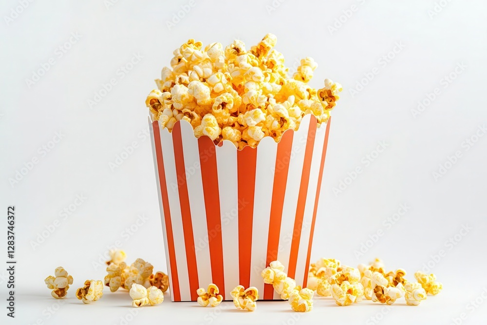 classic striped popcorn bag overflowing with golden kernels crisp white background warm buttery tones playful retro style cheerful energy bold contrast simple fun composition classic striped popcorn bag overflowing with golden kernels crisp white background warm buttery tones playful retro style cheerful energy bold contrast simple fun composition
