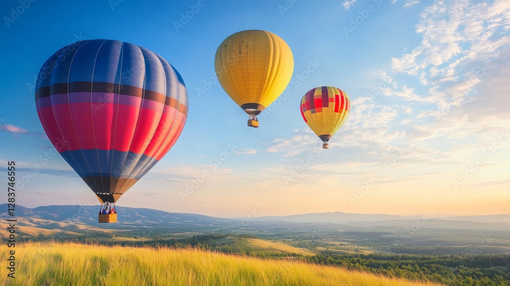 Naklejka premium Colorful hot air balloons rise over scenic landscape at sunrise outdoor adventure nature photography vibrant sky