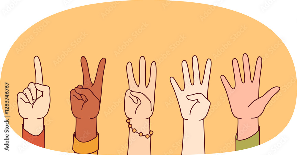 Obraz premium People hands show numbers from 1 to 5 , assessing quality of services received or goods purchased. Numbers one, two, three, four and five showing people of different races and nationalities