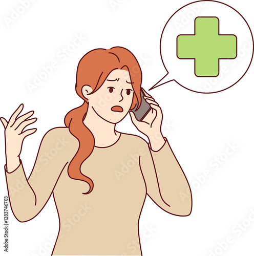 Woman calls 911 and calls for emergency medical help during personal emergency. Girl with mobile phone talks to 911 or doctor describing symptoms of disease and trying to get telemedicine diagnosis