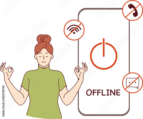 Digital detox for woman meditating near switched off mobile phone to restore psychological health. Importance of digital detox to avoid unnecessary stress caused by bad news and online bullying