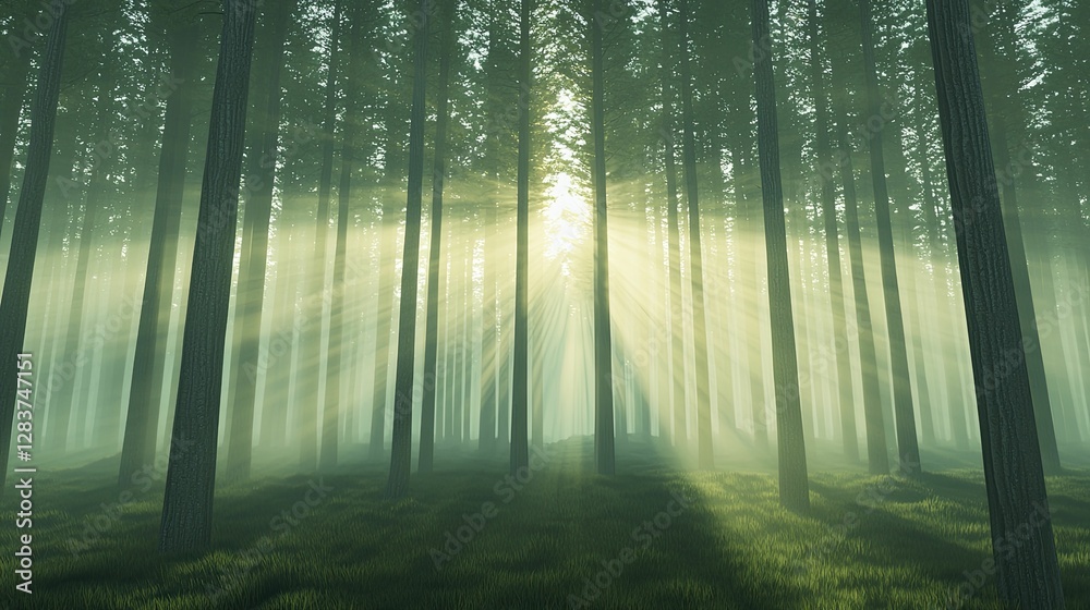 Obraz premium Serene sunrise rituals unfold during a reflective stroll through a misty forest, as golden rays dance through trees, creating an enchanting atmosphere.