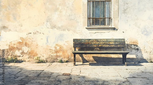 Vintage bench, worn by time, shadow of a historic building, fading memories, watercolor style. Fading Memories in Shadows. Illustration