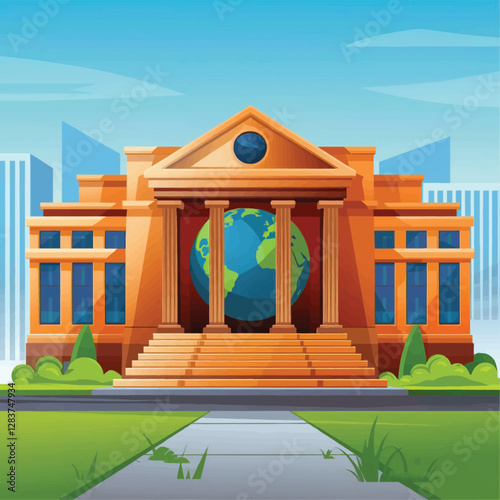 vector colorful economy trading graph cash money linked with curved dash line over the world bank