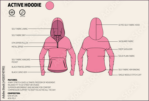 Women Outerwear Half Zip Through Pink Colour Hoodie Technical Tech Pack.