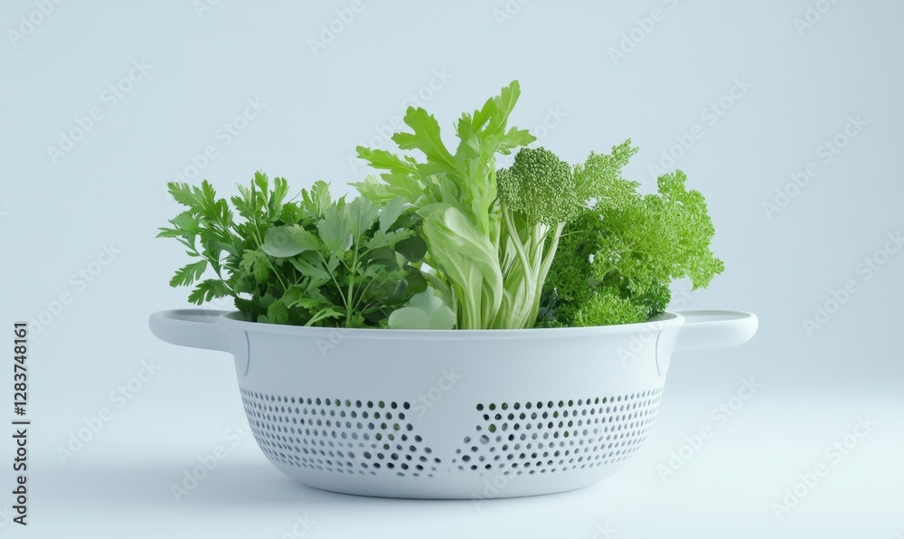 Fresh greens and herbs in colander on white background for healthy eating Fresh greens and herbs in colander on white background for healthy eating