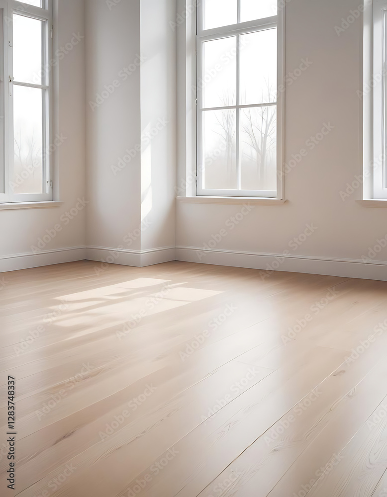 Fototapeta premium Light-toned wooden floors with minimalist furniture in an airy space.